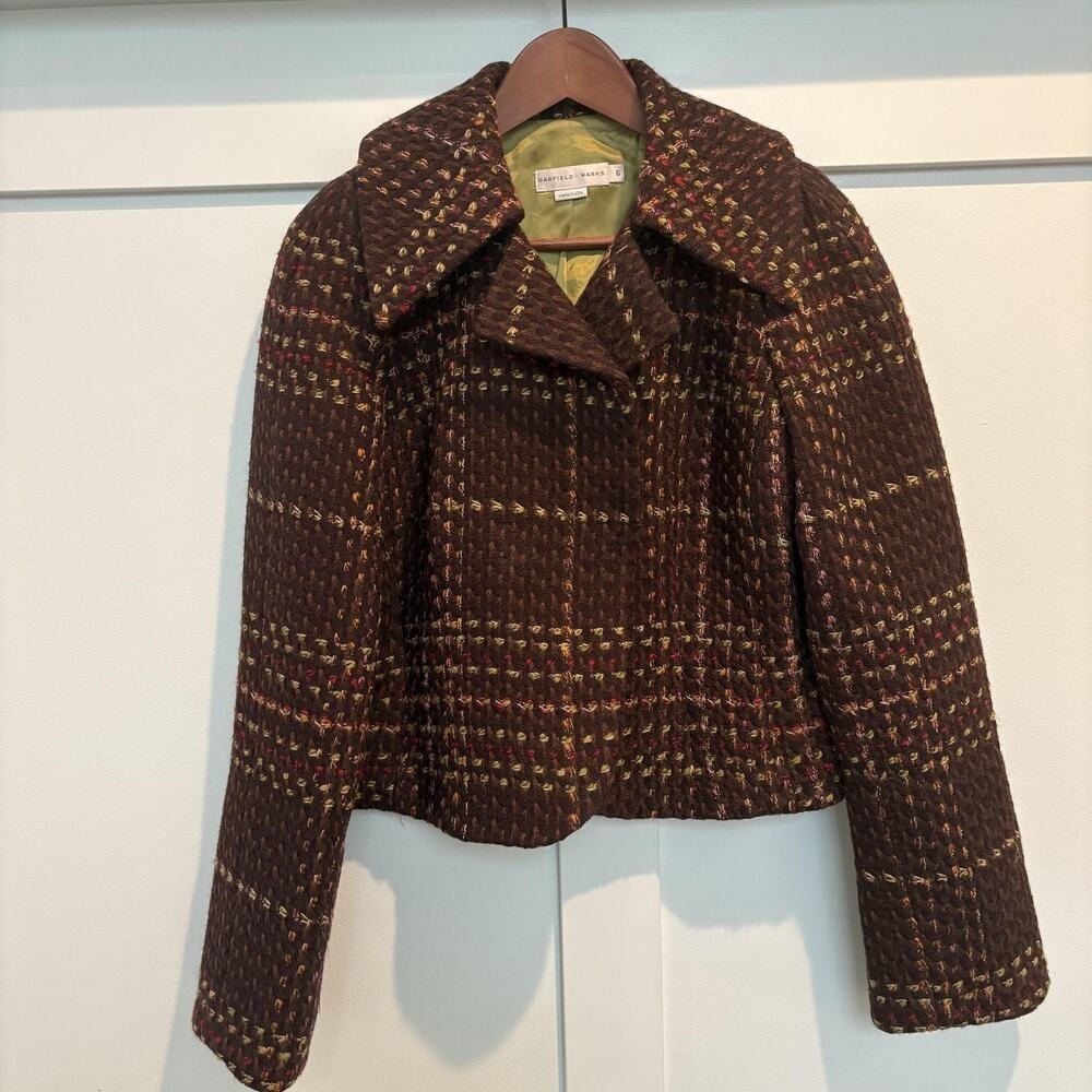 Vintage Garfield & Marks Jacket Womens 6 Brown Plaid Winged Collar Wool Made USA - Picture 2 of 14